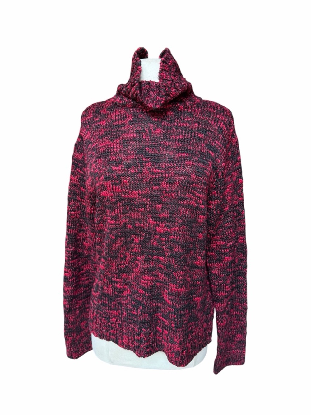 1980s Kasper Knits Marled Red & Black‎ Chunky Knit High Turtleneck Sweater